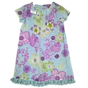 B. LULU Linen Cotton Girls Dress Size 5 Purple Blue Floral Boutique Spring Dress